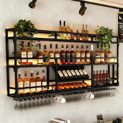 Wall Mounted Wine Rack, Floating Industrial Liquor Glass Holder 3 Tiers, Large Metal Wine Bottle Display Rack Hanging Shelf, For Home Bar Dining Room by 17 Stories