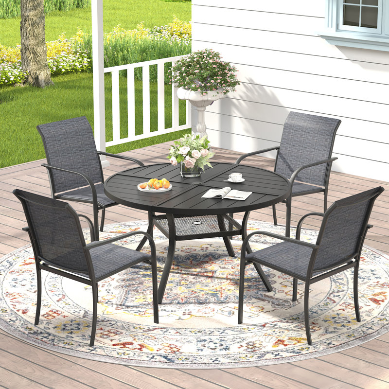 4-Person Patio Dining Set with Round Dining Table and 4 Stackable Textilene Armrest Chairs, Black/Gray