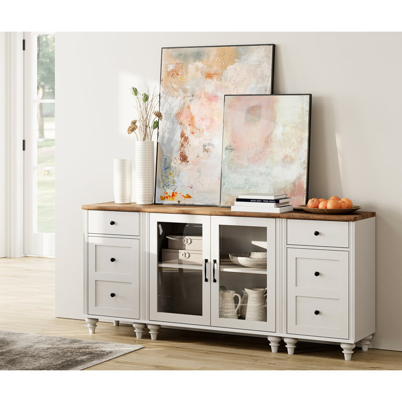 Scarlett Sideboard Cabinet With Bar Hutch, 66.9" Farmhouse Sideboard Credenza For Dining Room, Modern Kitchen Buffet Cabinet, Large Storage Cabinet With Glass Doors, White