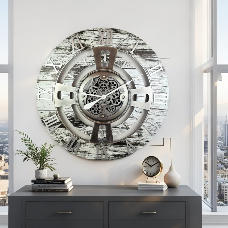 Solid Wood Wall Clock, Grey/White, Oversize 91.4cm