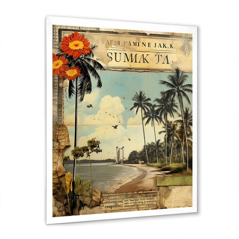 Collage rétro de palmiers de Floride et plage I sur toile rétro, H 32 po x l 24 po x P 1 po, Cadre simple blanc