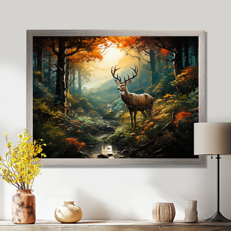 Vert et brun, cerf dans la forêt, impression d'art animalier mural, H 24 po x l 32 po x P 1 po, Cadre flottant noir