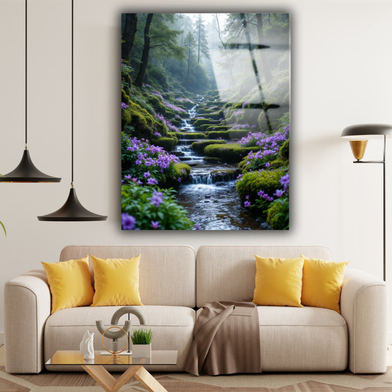 Fleurs mauves, forêt, art mural en verre trempé, H 12 po x l 8 po