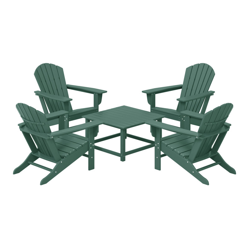 Outdoor 5-Piece Adirondack Chair With Square Coffee Table Conversation Set, Dark Green