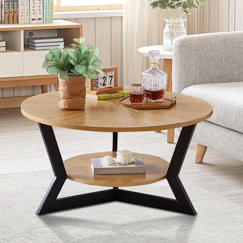 Table basse ronde en bois pour le salon, table basse rustique circulaire à 2 niveaux avec rangement, bureau en bois véritable avec structure en métal, conception à motifs radiaux