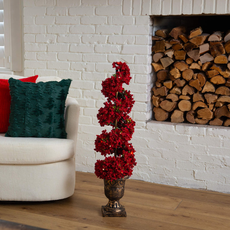 3 pi. Arbre de Noël topiaire en forme de poinsettias et de baies avec 30 lumières DEL blanc chaud pré-éclairées