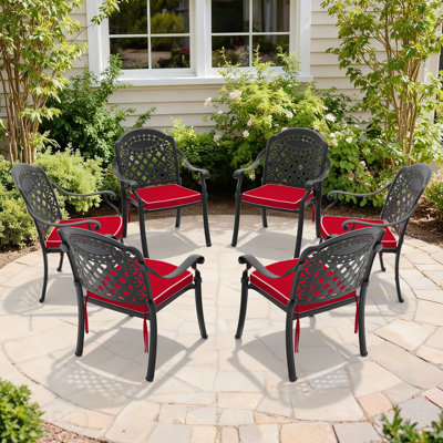 Chaise de patio en aluminium coulé 6 pièces avec cadre noir et coussins rouges