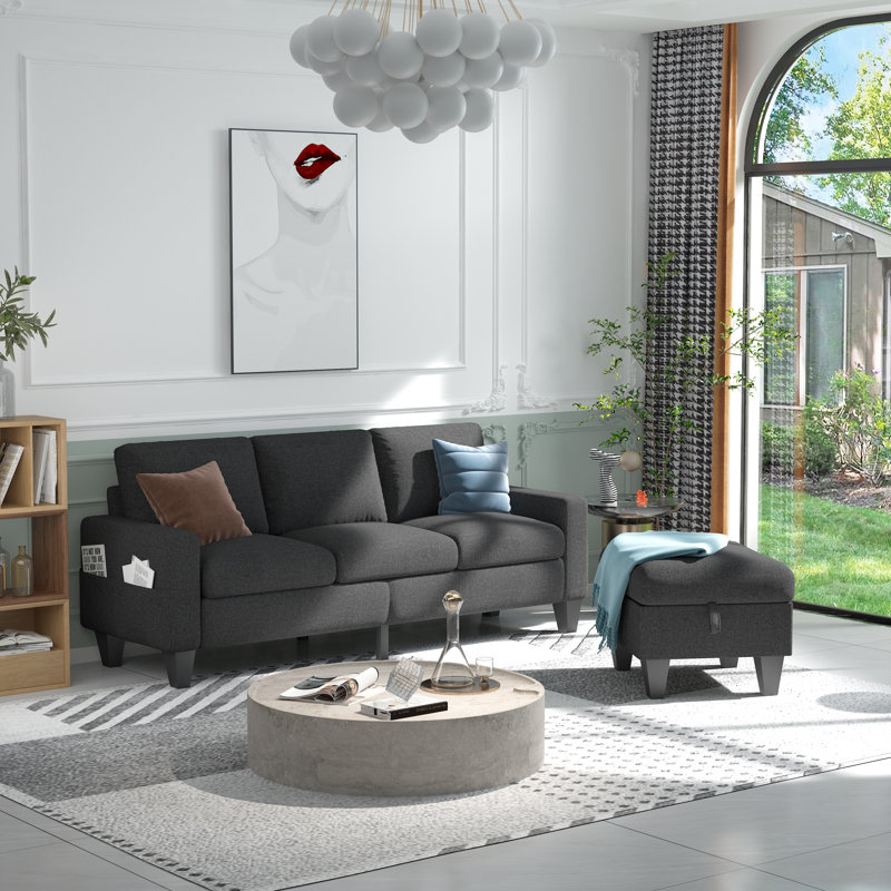 Canapé modulaire réversible avec repose-pieds Adelyna, Mélange de lin gris foncé
