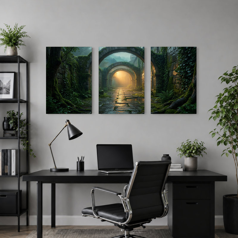 Ensemble d'art sur toile en forme de voûte en pierre recouverte de mousse avec 3 lumières dorées, 24"H x 16"W x 3pcs