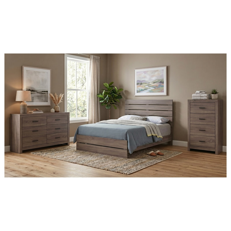 Ensemble de chambre à coucher Kingsley Barrel Oak Queen 3 pièces comprenant un lit à panneaux, une commode et un coffre