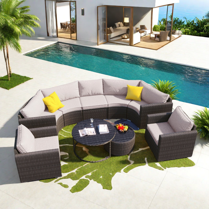 9-pieces Outdoor Half-moon Wicker Conversation Sets With 1 Nesting Coffee Table And Tempered Glass Top
