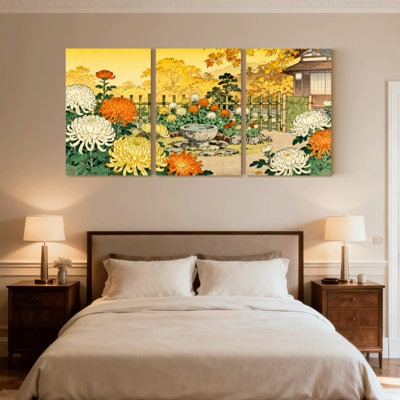 Chrysanthemum Garden Autumn Scene Japanese Style Set of 3 Canvas Wall Art Prints