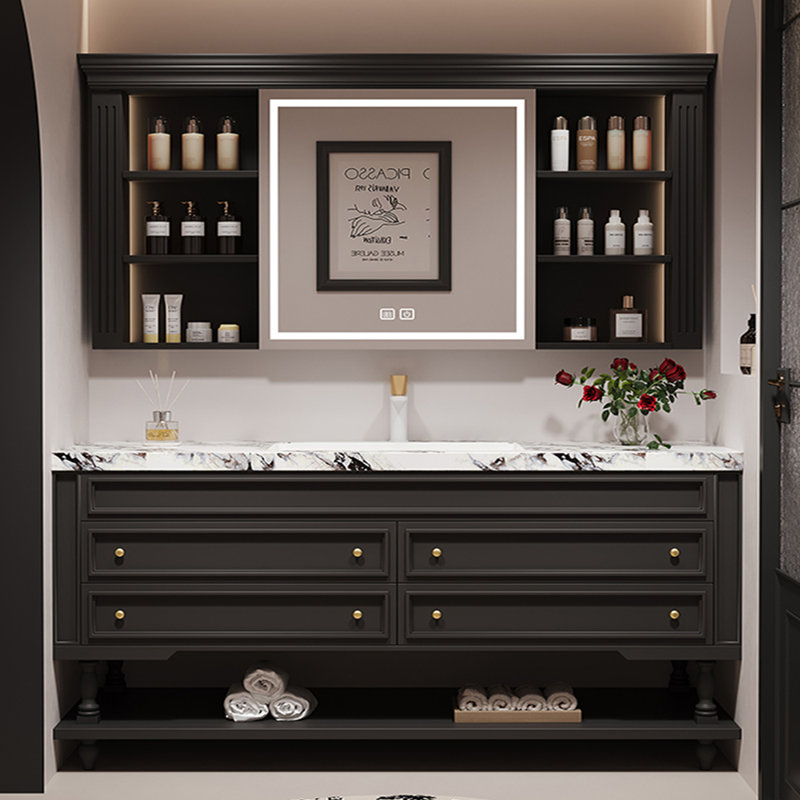 Armoire de salle de bain rétro française, Noir, H 32,3 po x l 59 po x P 21,7 po