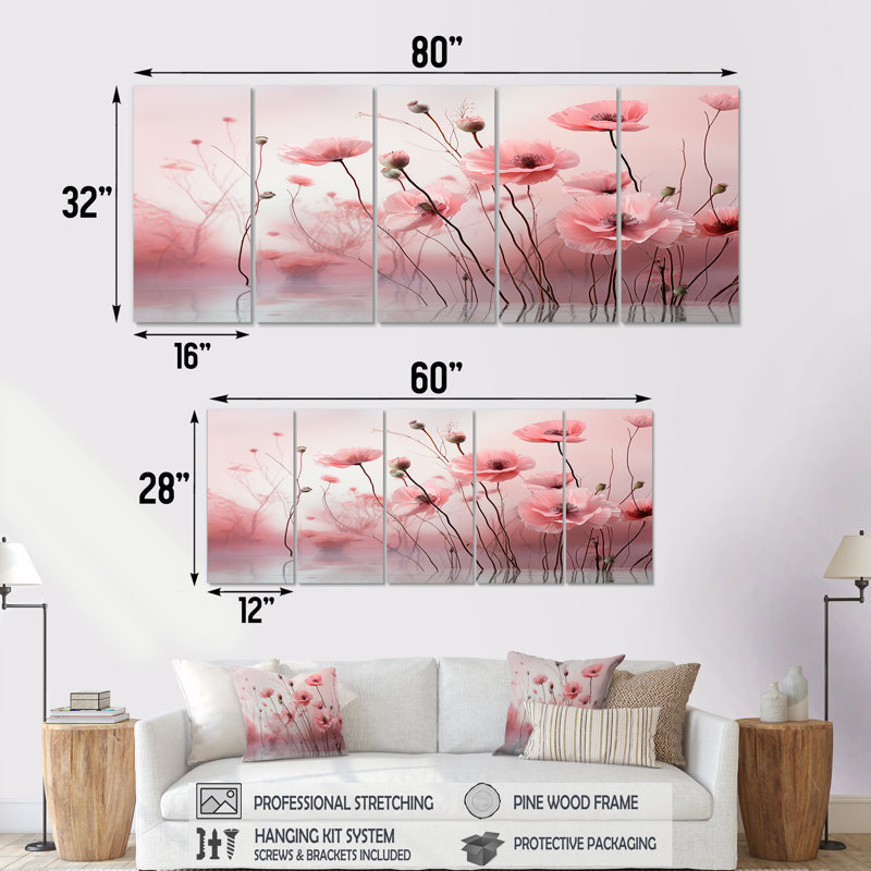 «Pink Dawn S Blush Pink Poppies Awakening - Coquelicots», art mural 5 pièces, H 32 po x l 80 po