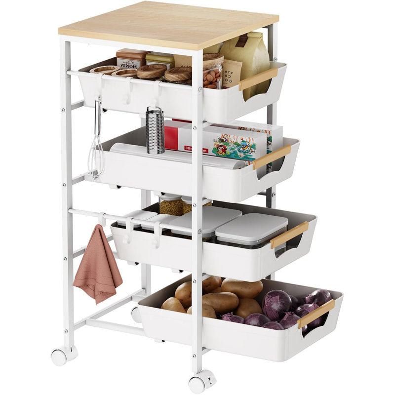 5-Tier Kitchen Storage Cart, Wood Top Rolling Cart Organizer With Pull-Out Baskets & Wheels, Metal Snack Cart With Holder For Fruit, Vegetable, Microwave, Kitchen, Pantry, White