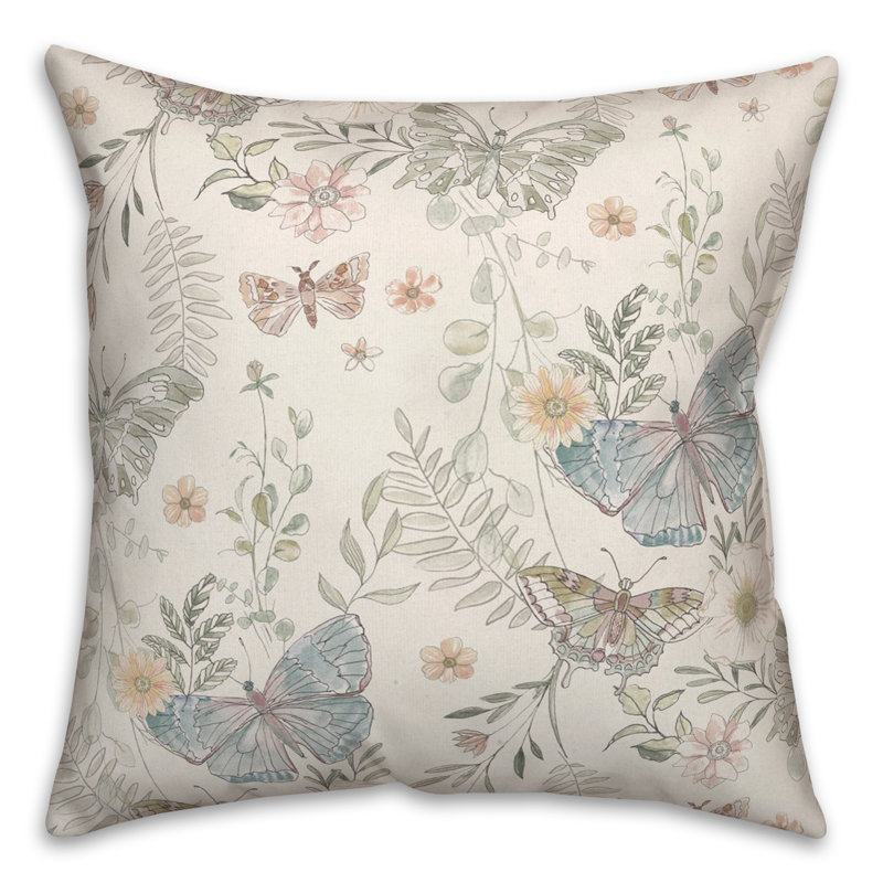 Cream Floral Reversible Polyester Square Throw Pillow