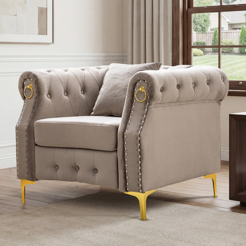  40.9'' Elegant Comfort Velvet Upholstered Armchair with Tufted Design, Beige