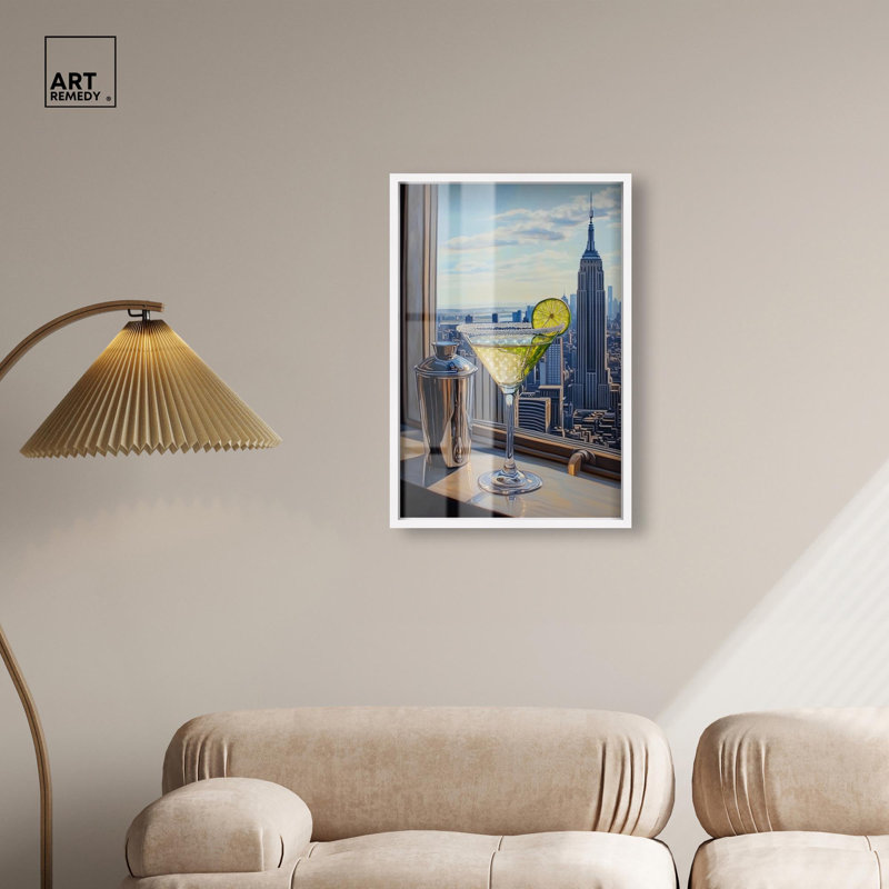 «Classy Drink in NYC Shadowbox Print» par Art Remedy, H 31 po x l 21 po, Blanc