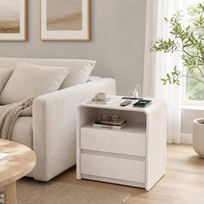 Table de chevet de 60 cm de large avec station de recharge, 2 tiroirs et tablette ouverte, blanche