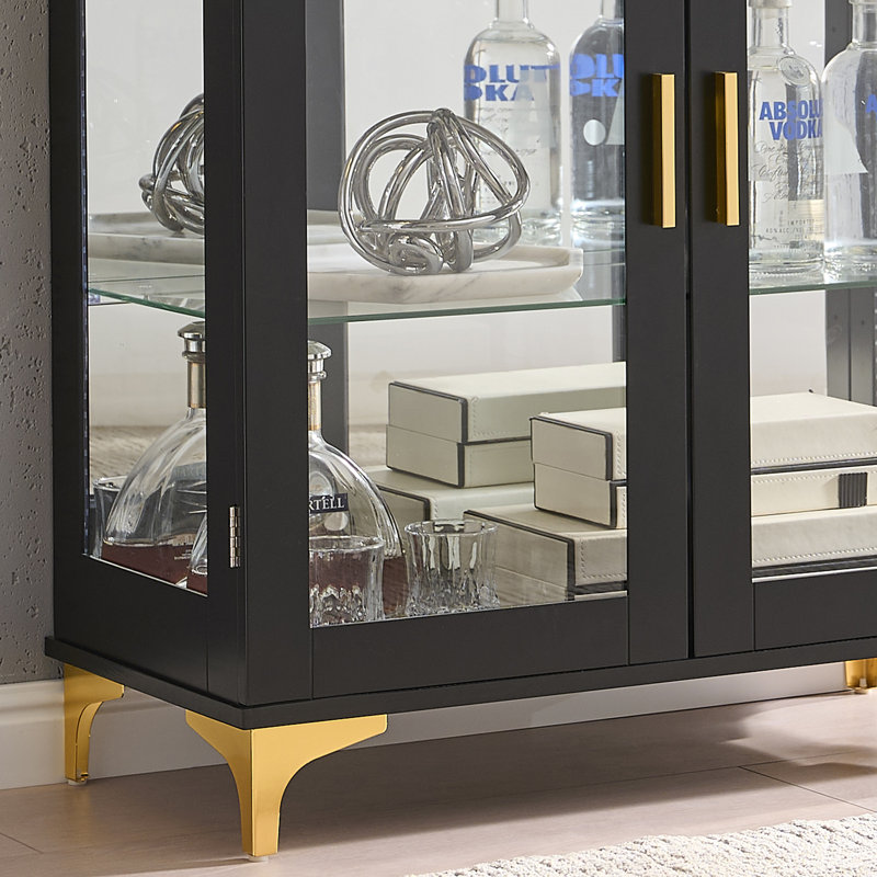 Modern Glass Display Cabinet with Double Doors, Adjustable Shelves & Gold-Tone Hardware, Freestanding Storage Cabinet for Living Room or Dining Room