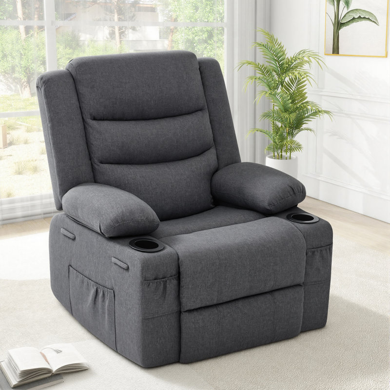 Extendable Armrest Swivel Glider Chair, 360° Rotation Rocking Chair With Cup Holders & Side Pockets, Dark Gray Polyester