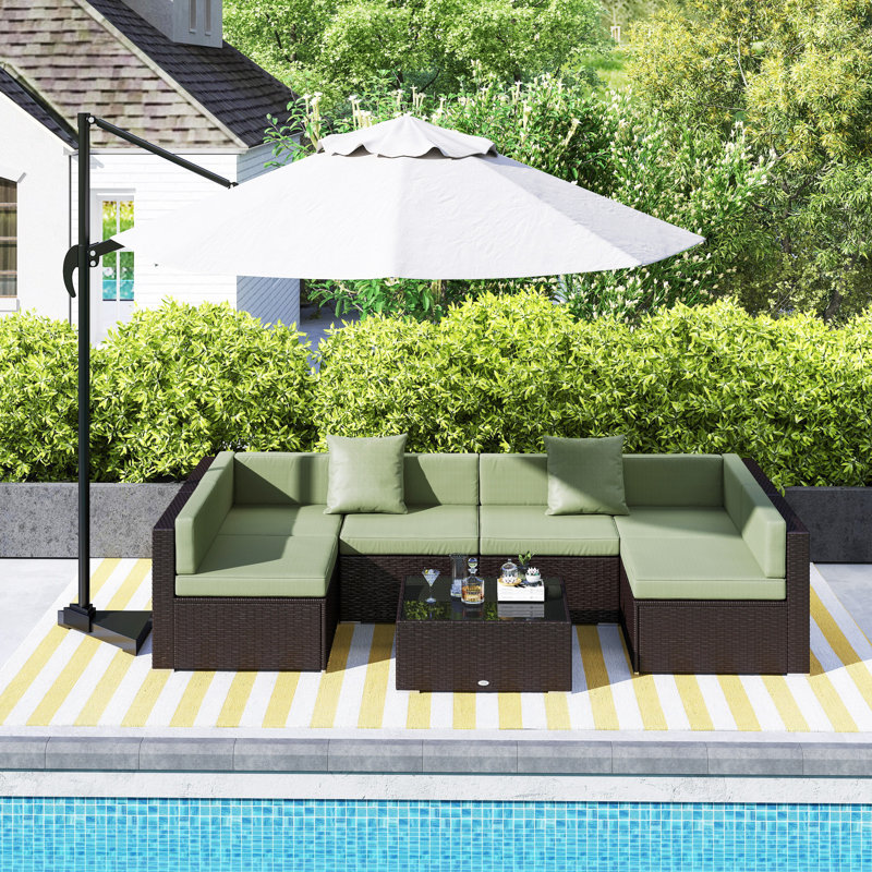 Ensemble de 7 meubles de patio avec coussins et table basse, Vert