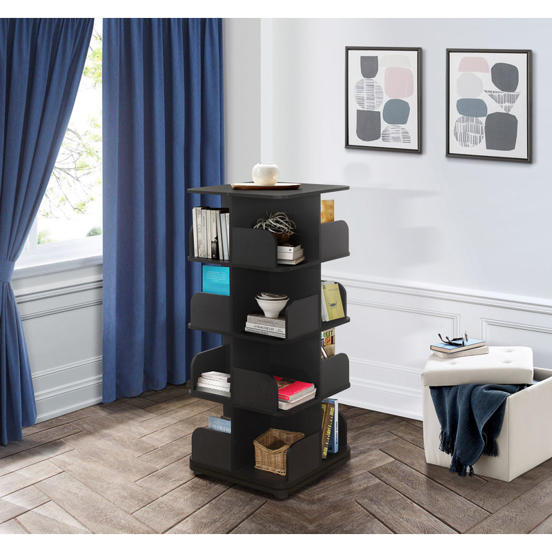 Bibliothèque rotative en bois Holthaus avec tablettes de rangement ouvertes pour livres, DVD et présentoir multimédia, Noir