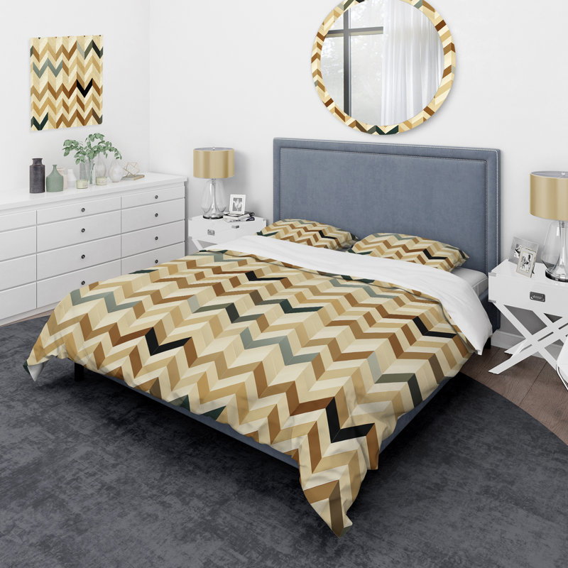 Ensemble de housse de couette beige à chevrons en microfibre Elegance I, Housse de couette pour très grand lit et 2 très