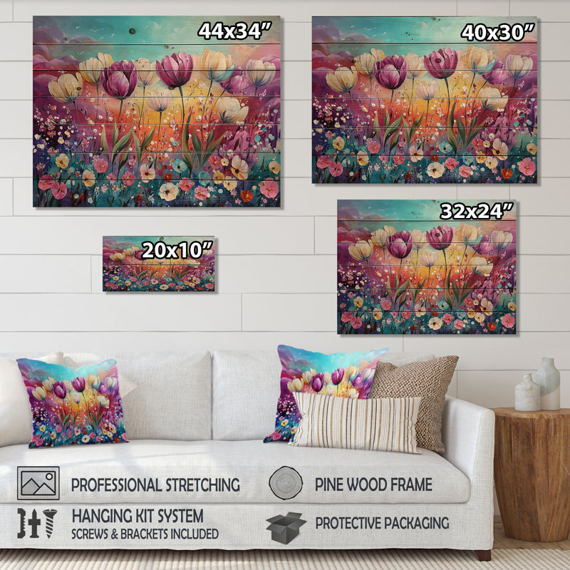 Fantasy Lavender And Tulips Field I - Tulips Wood Print - On Natural Pine Wood, 34" H x 44" W x 0.78" D