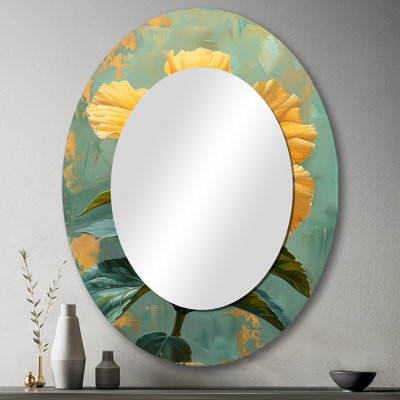 Hibiscus bleu et jaune Vintage Bloom - grand miroir mural ovale sur métal