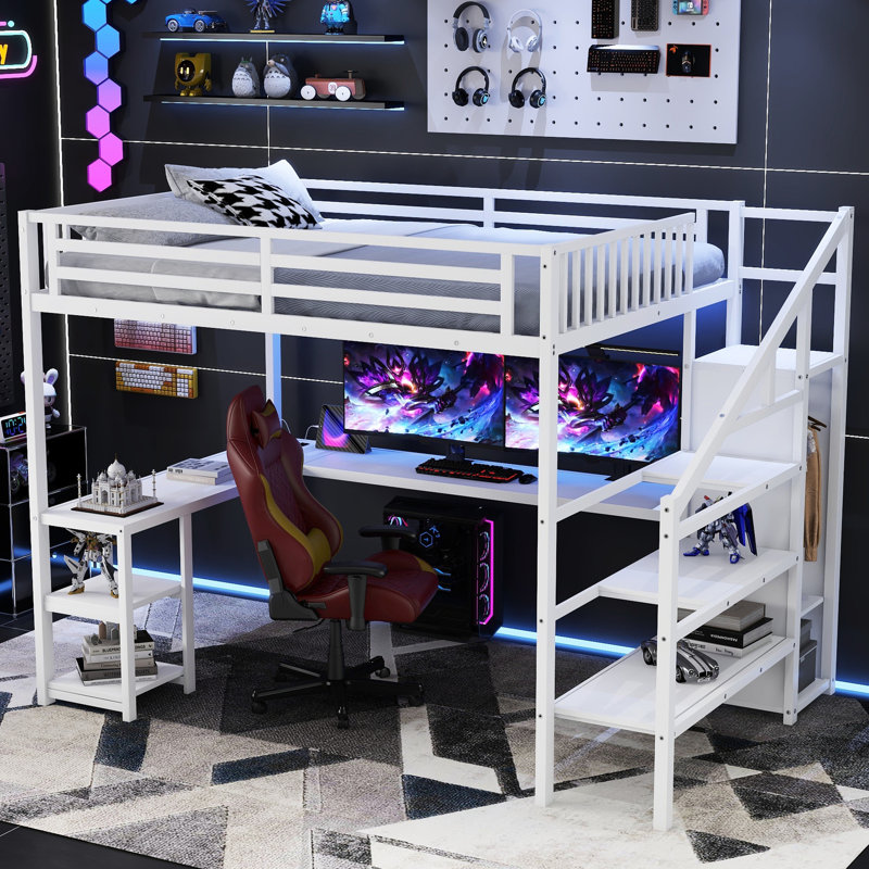Grand lit mezzanine en métal avec télécommande - vitesse à DEL réglable, chargement et sous-rangement blanc couleurs statiques, vertical