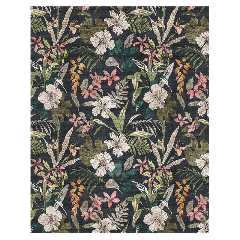 Tapis d'intérieur floral noir audacieux lavable à la machine Rayna Thea, Rectangle 5 pi x 7 pi