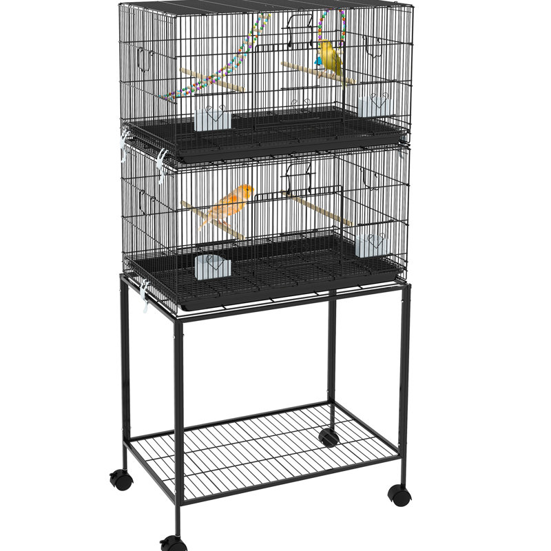Double cage de perroquet empilable avec support et nourriture - Pour les pinsons Balançoire en bois, corde, roues, plateau amovible, tablette de rangement Canary Optimisez l'espace, convient aux petits oiseaux