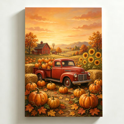 Tableau sur toile pour l'Halloween (40 x 60 cm) : Camion rouge vintage chargé de citrouilles dans un champ d'automne ensoleillé. Impression sur toile, style peinture à l'huile. Décoration murale moderne pour chambre, salon et bureau.