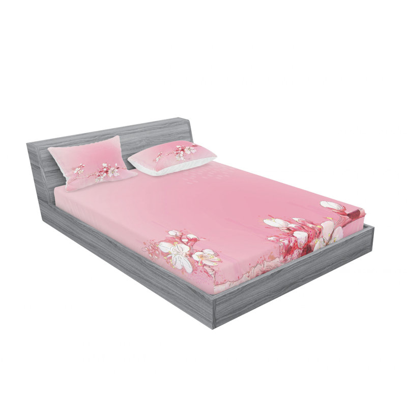Peach Microfiber Floral Sheet Set, Queen Sheet Set + Fitted Sheet + 2 Pillowcases
