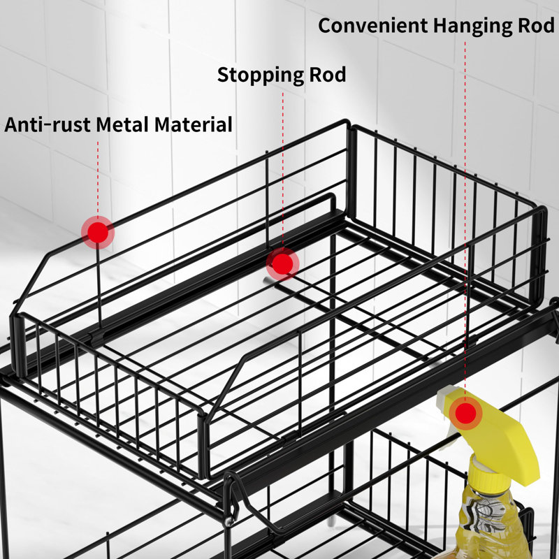 Rangement et organisateur sous évier, étagère coulissante à 2 niveaux, grande tablette en métal noir, barre de suspension, organisateur de placard de cuisine et salle de bain, tiroir de rangement coulissant pour garde-manger, lot de 2, (noir)