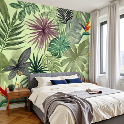 Papier peint à peler et coller, feuilles tropicales, fleurs exotiques, oiseaux, paradis, illustrations murales, papier peint amovible en PVC 100 po x l 144 po auto-adhésif pour chambre à coucher, salon