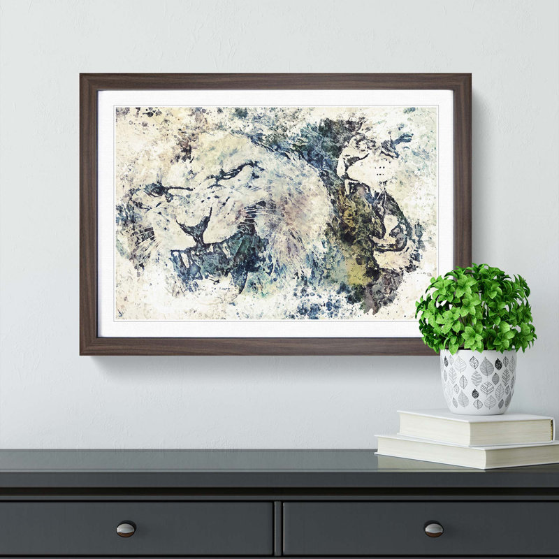Two Snarling Lions in Abstract - Picture Frame Painting Print, 48cm H x 65cm W x 2cm D, Walnut Framed