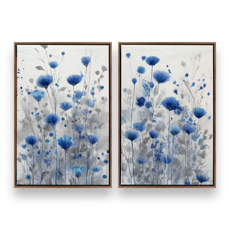 Ensemble de 2 impressions Azure Meadow, 48 po x 32 po, Cadre flottant en noyer