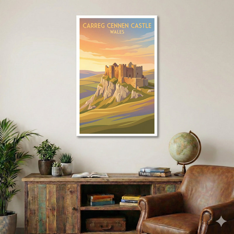 Carreg Cennen Castle, Wales - Cliff-Top Romance Travel Poster. Giclee Print On Wrapped Canvas. Wall Art, Home Decor - Castles & Palaces, Wales - Wrapped Canvas Print