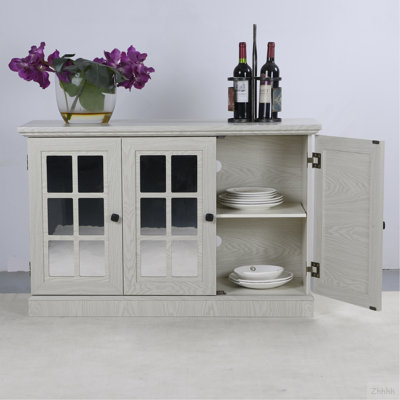 Armoire de rangement de 45 po de largeur avec 3 portes en miroir en acrylique, buffet avec tablettes réglables pour le salon, la salle à manger et la cuisine, fabriquée avec des stratifiés décoratifs et un support en panneau de fibres à densité moyenne
