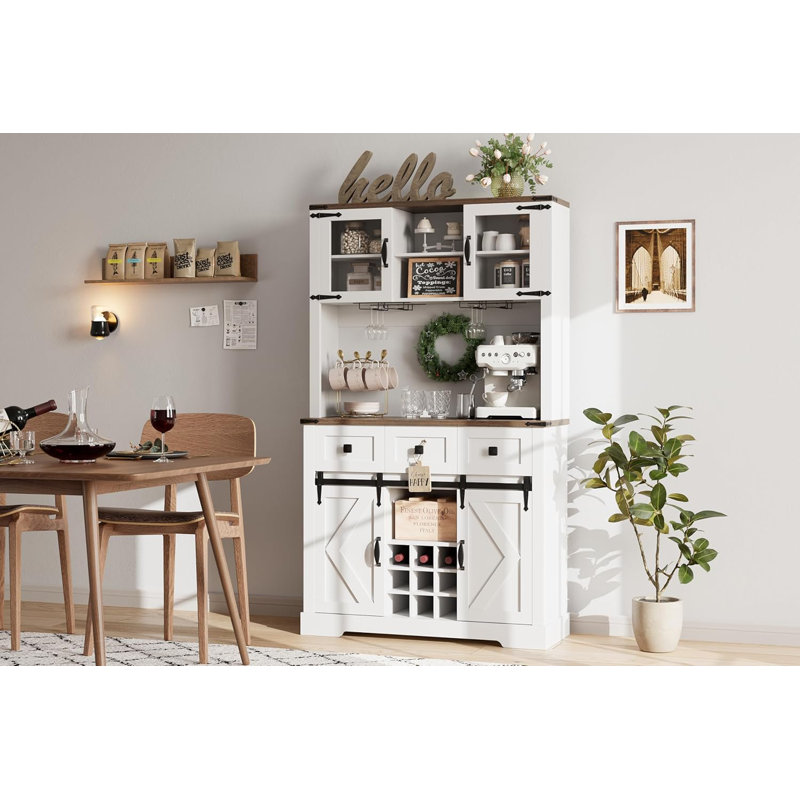 Armoire bar 72 po avec porte de grange coulissante, tiroirs, porte-bouteilles et porte-verres, style rustique