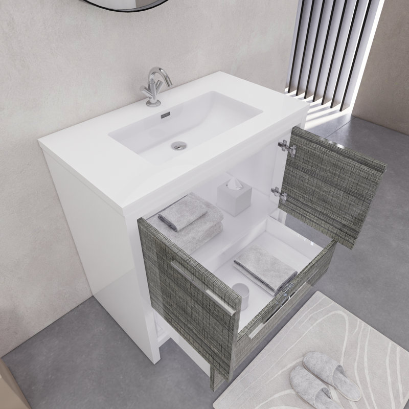 Ensemble de meuble-lavabo simple 35,5 ", Blanc lustré/ bois de frêne gris