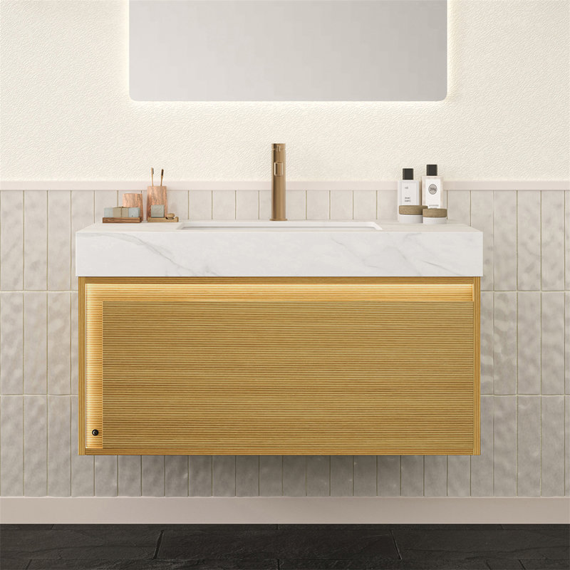 Pierre frittée NYAH 36 po avec lavabo encastré en céramique blanche, sans robinet, sans armoire
