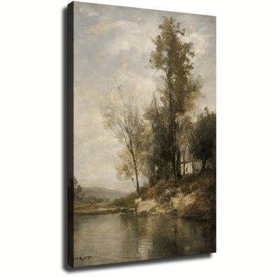 Vintage Corot River Tree Cottage Muted Tone Landscape Oil Painting Canvas Wall Art Antique Neutral Country Decor