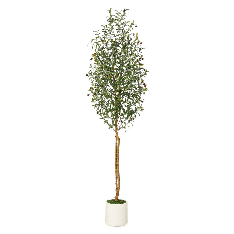 Olive artificielle en pot blanc - plante de plancher de 7 pi de hauteur avec 2 troncs en bois naturel pour le salon, la maison ou le bureau