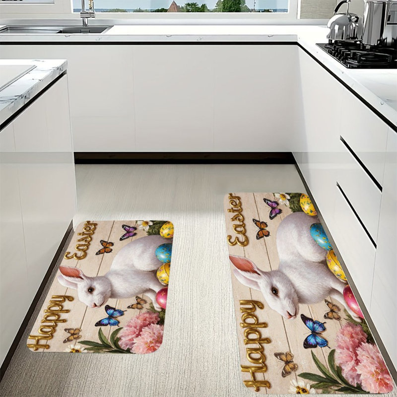 Ensemble de 2 tapis de cuisine avec lapin blanc et papillons