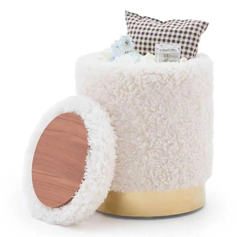 Repose-pieds rond en velours avec rangement, Blanc
