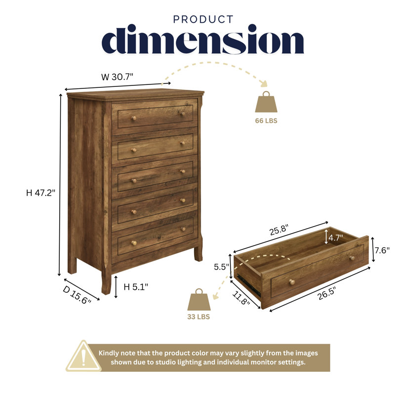 Porter 5 Drawer Chest With Interlock Drawer Feature for Bedroom, 30.7" W Modern Chest of Drawers, Wood Drawer Organizer for Clothes, Entryway, Hallway, Nursery or Living Room