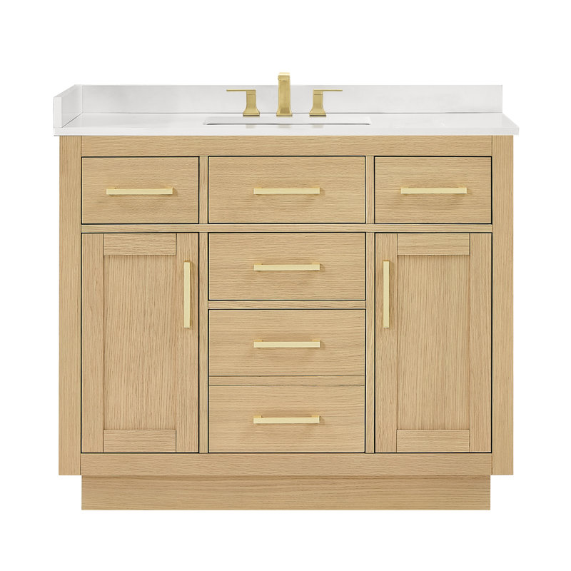 Ensemble de meuble-lavabo simple Beckett, Chêne foncé, Noir mat, Marbre de culture blanc